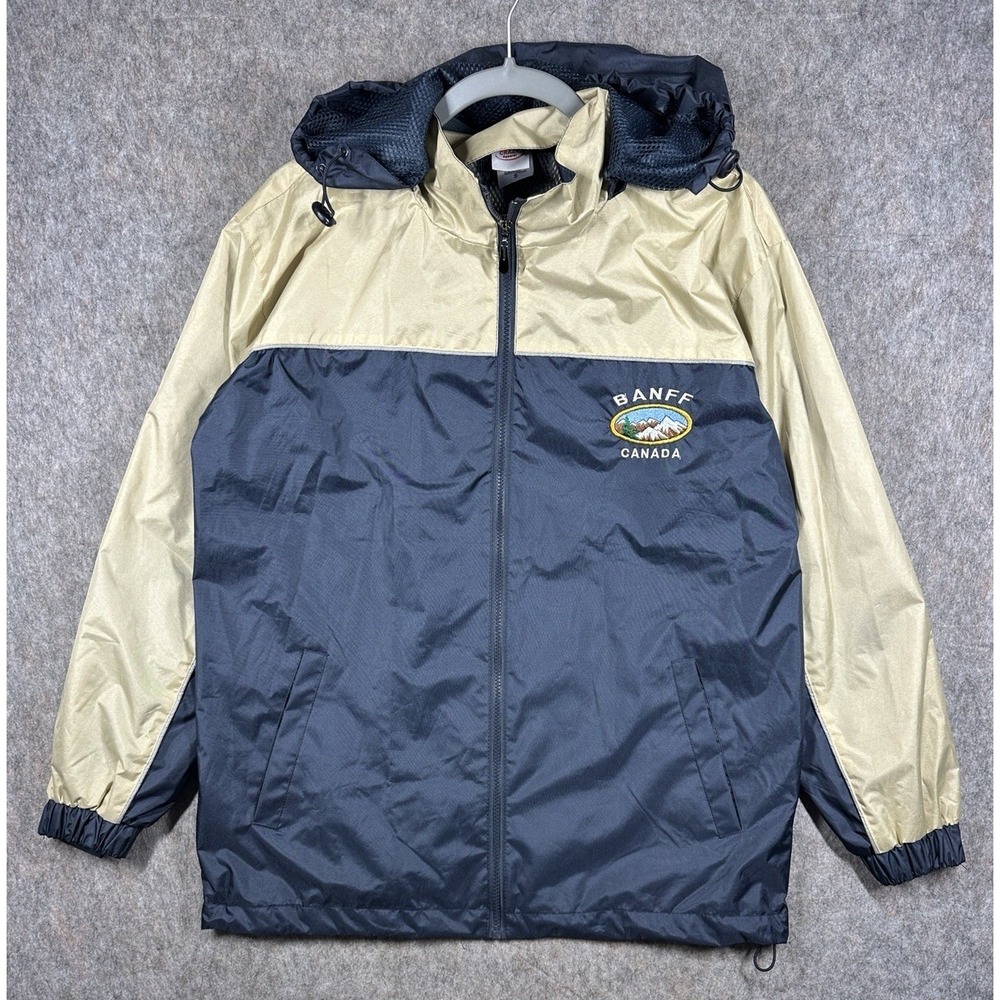 Banff Canada Windbreaker Jacket Mens Small Hooded Blue Beige Full Zip Travel